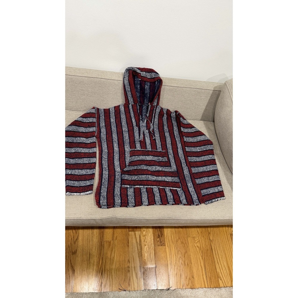 Mexican Baja Hoodie Drug Rug Pullover Red Blue White Striped Medium